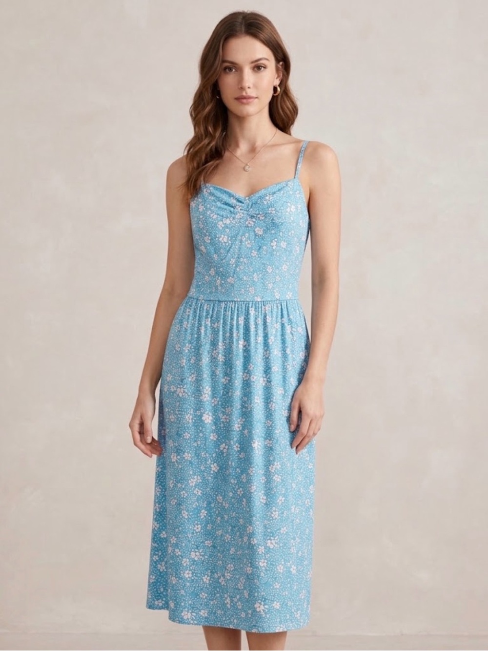 Sky Blue Floral Midi Dress with Sweetheart Neckline